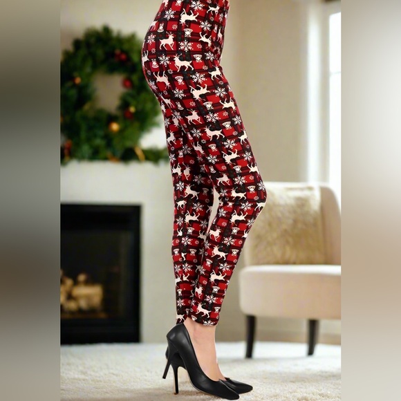 OS NEW Womens Christmas Reindeer Snowflake Red Plaid Leggings, Holiday Pants - Picture 5 of 6